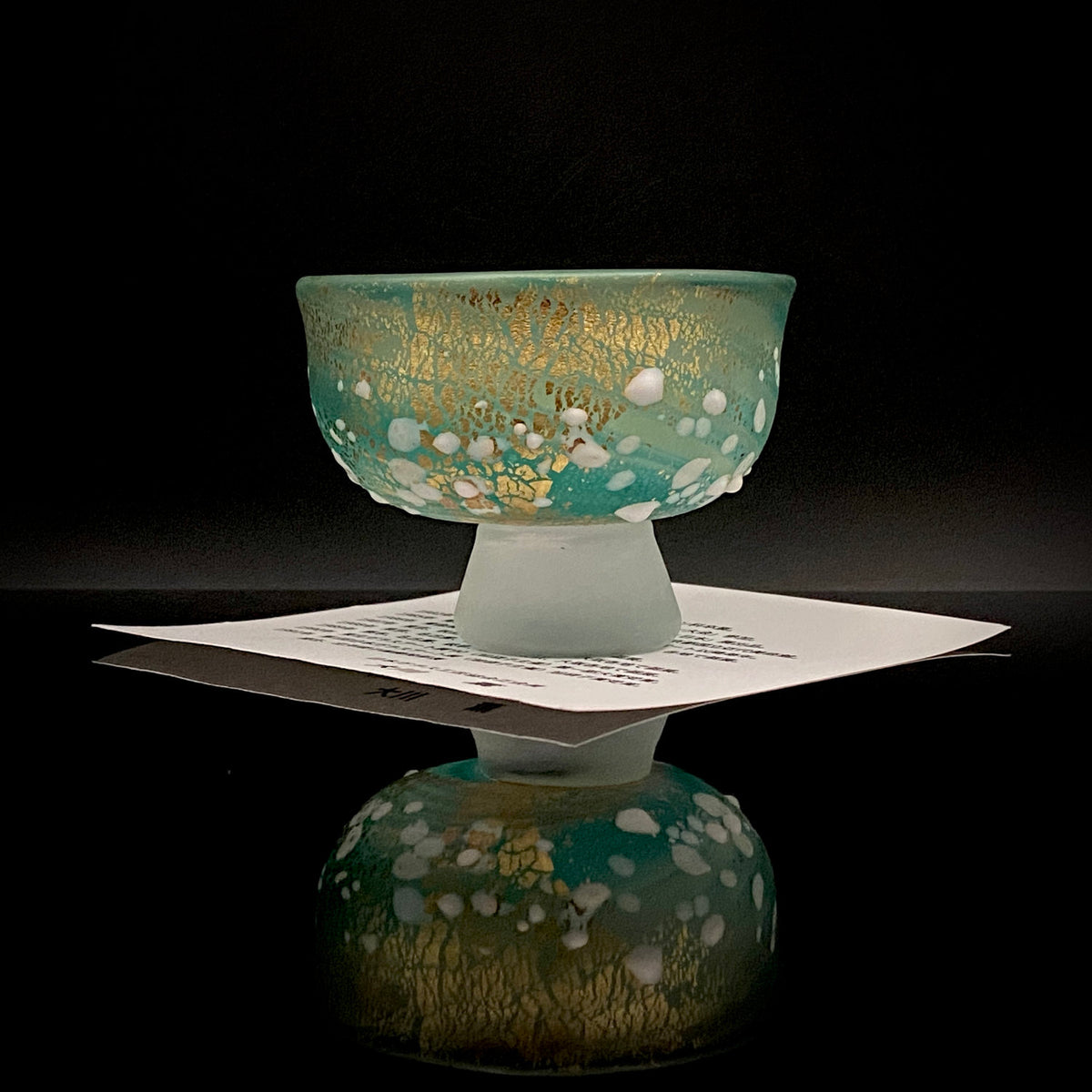 Aomori Prefecture Art and Culture Award Recipient, Tsugaru Vidro, Hokuyo Glass, Kaoru Okawa: Frosted Blue-Green Glass Stem Cup (Bajohai) with Gold-Tone Foil and White Glass Dots #484