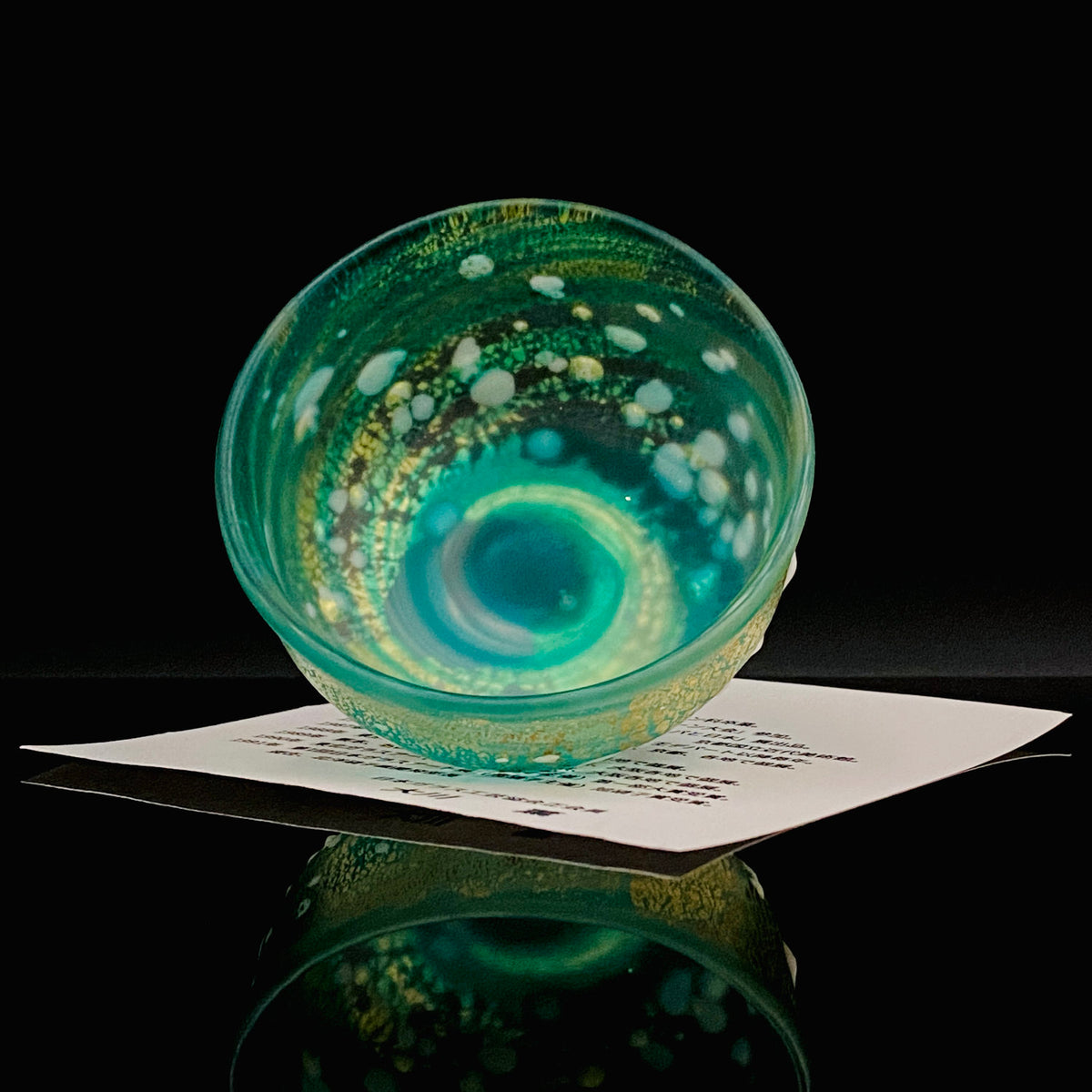 Aomori Prefecture Art and Culture Award Recipient, Tsugaru Vidro, Hokuyo Glass, Kaoru Okawa: Frosted Blue-Green Glass Stem Cup (Bajohai) with Gold-Tone Foil and White Glass Dots #484