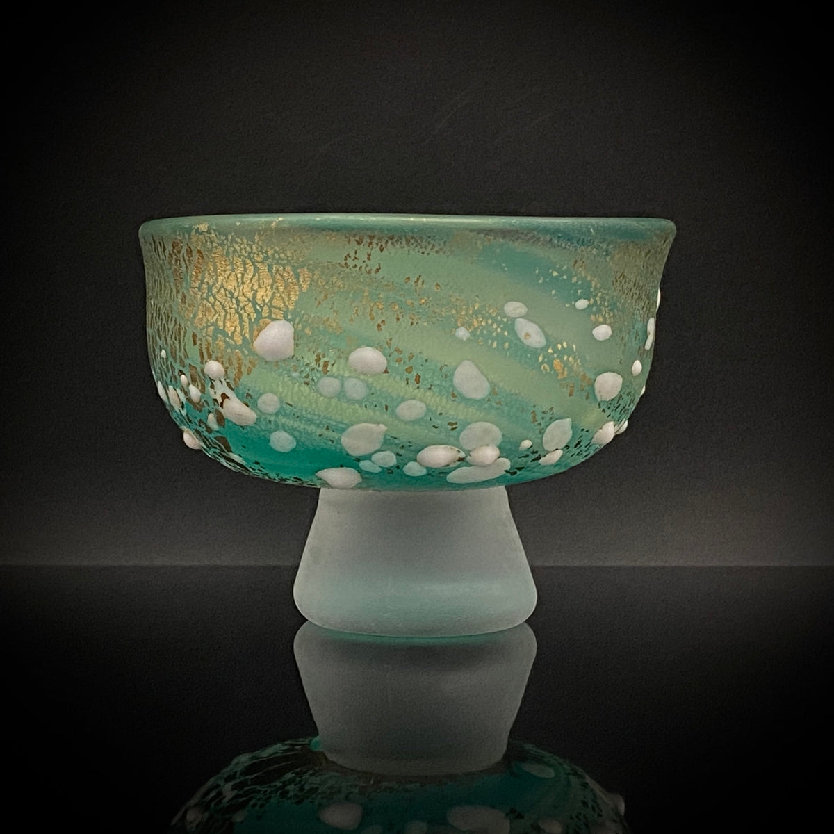 Aomori Prefecture Art and Culture Award Recipient, Tsugaru Vidro, Hokuyo Glass, Kaoru Okawa: Frosted Blue-Green Glass Stem Cup (Bajohai) with Gold-Tone Foil and White Glass Dots #484