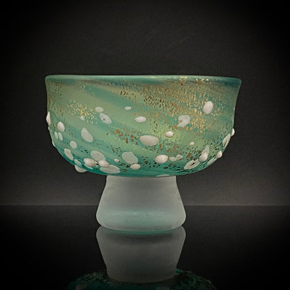 Aomori Prefecture Art and Culture Award Recipient, Tsugaru Vidro, Hokuyo Glass, Kaoru Okawa: Frosted Blue-Green Glass Stem Cup (Bajohai) with Gold-Tone Foil and White Glass Dots #484