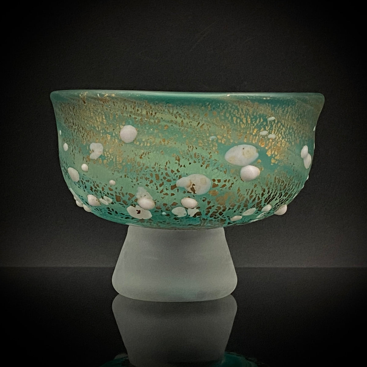 Aomori Prefecture Art and Culture Award Recipient, Tsugaru Vidro, Hokuyo Glass, Kaoru Okawa: Frosted Blue-Green Glass Stem Cup (Bajohai) with Gold-Tone Foil and White Glass Dots #484