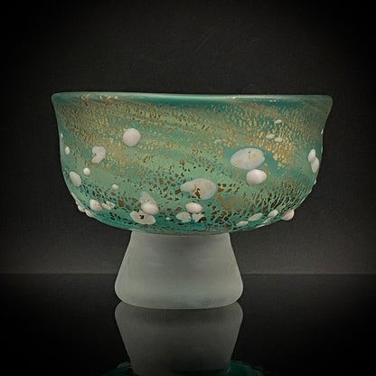 Aomori Prefecture Art and Culture Award Recipient, Tsugaru Vidro, Hokuyo Glass, Kaoru Okawa: Frosted Blue-Green Glass Stem Cup (Bajohai) with Gold-Tone Foil and White Glass Dots #484