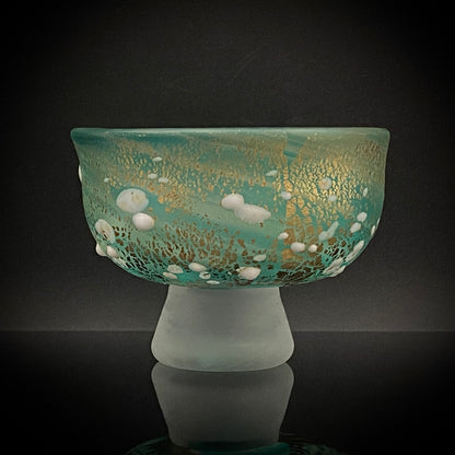 Aomori Prefecture Art and Culture Award Recipient, Tsugaru Vidro, Hokuyo Glass, Kaoru Okawa: Frosted Blue-Green Glass Stem Cup (Bajohai) with Gold-Tone Foil and White Glass Dots #484