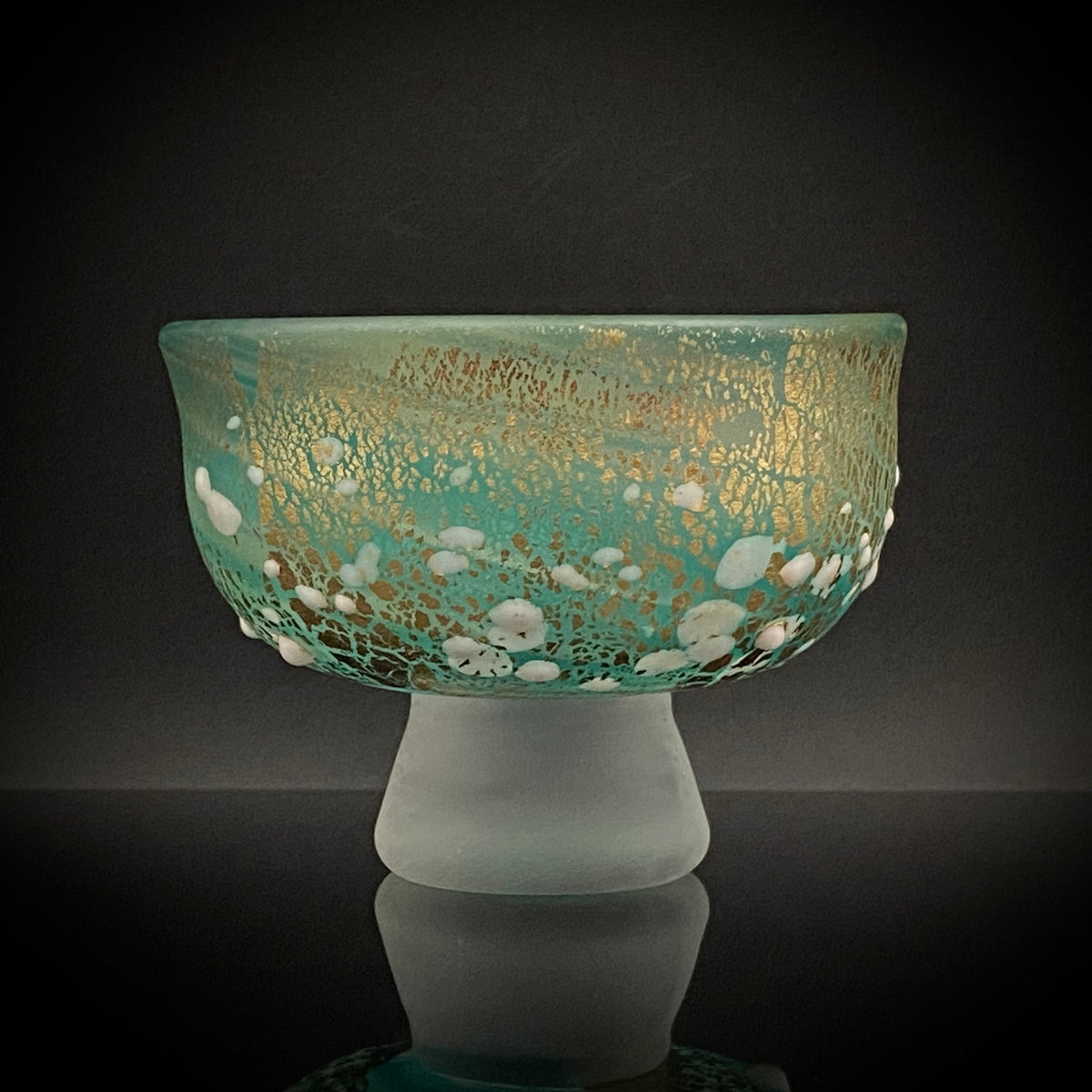 Aomori Prefecture Art and Culture Award Recipient, Tsugaru Vidro, Hokuyo Glass, Kaoru Okawa: Frosted Blue-Green Glass Stem Cup (Bajohai) with Gold-Tone Foil and White Glass Dots #484