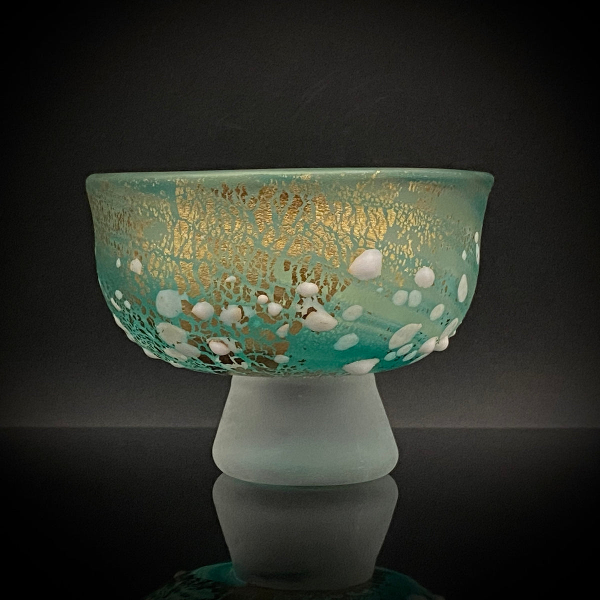 Aomori Prefecture Art and Culture Award Recipient, Tsugaru Vidro, Hokuyo Glass, Kaoru Okawa: Frosted Blue-Green Glass Stem Cup (Bajohai) with Gold-Tone Foil and White Glass Dots #484