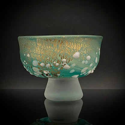 Aomori Prefecture Art and Culture Award Recipient, Tsugaru Vidro, Hokuyo Glass, Kaoru Okawa: Frosted Blue-Green Glass Stem Cup (Bajohai) with Gold-Tone Foil and White Glass Dots #484