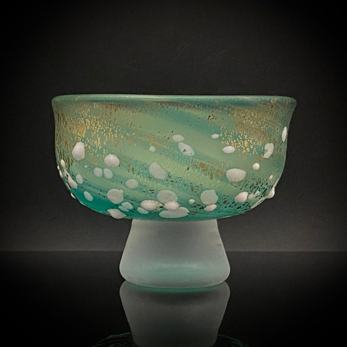 Aomori Prefecture Art and Culture Award Recipient, Tsugaru Vidro, Hokuyo Glass, Kaoru Okawa: Frosted Blue-Green Glass Stem Cup (Bajohai) with Gold-Tone Foil and White Glass Dots #484