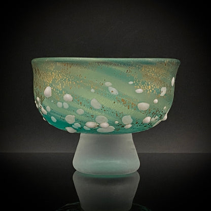 Aomori Prefecture Art and Culture Award Recipient, Tsugaru Vidro, Hokuyo Glass, Kaoru Okawa: Frosted Blue-Green Glass Stem Cup (Bajohai) with Gold-Tone Foil and White Glass Dots #484