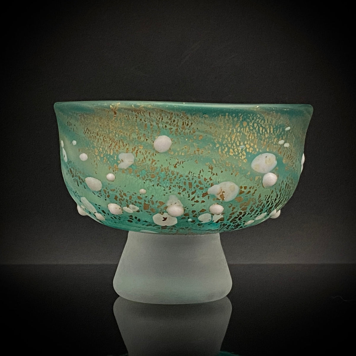 Aomori Prefecture Art and Culture Award Recipient, Tsugaru Vidro, Hokuyo Glass, Kaoru Okawa: Frosted Blue-Green Glass Stem Cup (Bajohai) with Gold-Tone Foil and White Glass Dots #484