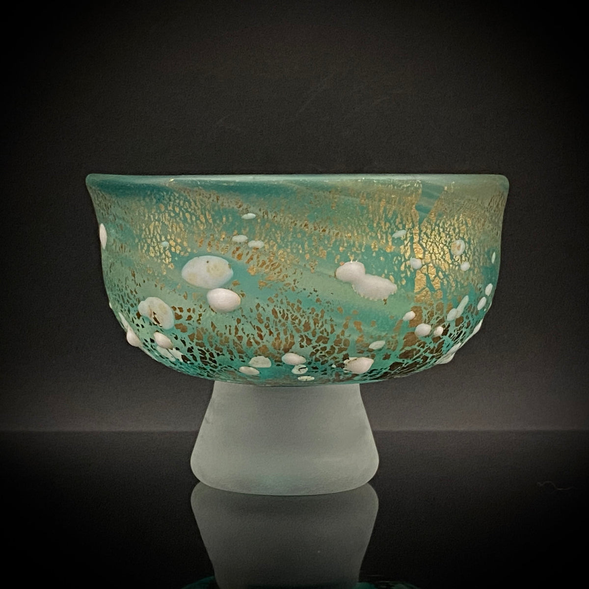 Aomori Prefecture Art and Culture Award Recipient, Tsugaru Vidro, Hokuyo Glass, Kaoru Okawa: Frosted Blue-Green Glass Stem Cup (Bajohai) with Gold-Tone Foil and White Glass Dots #484