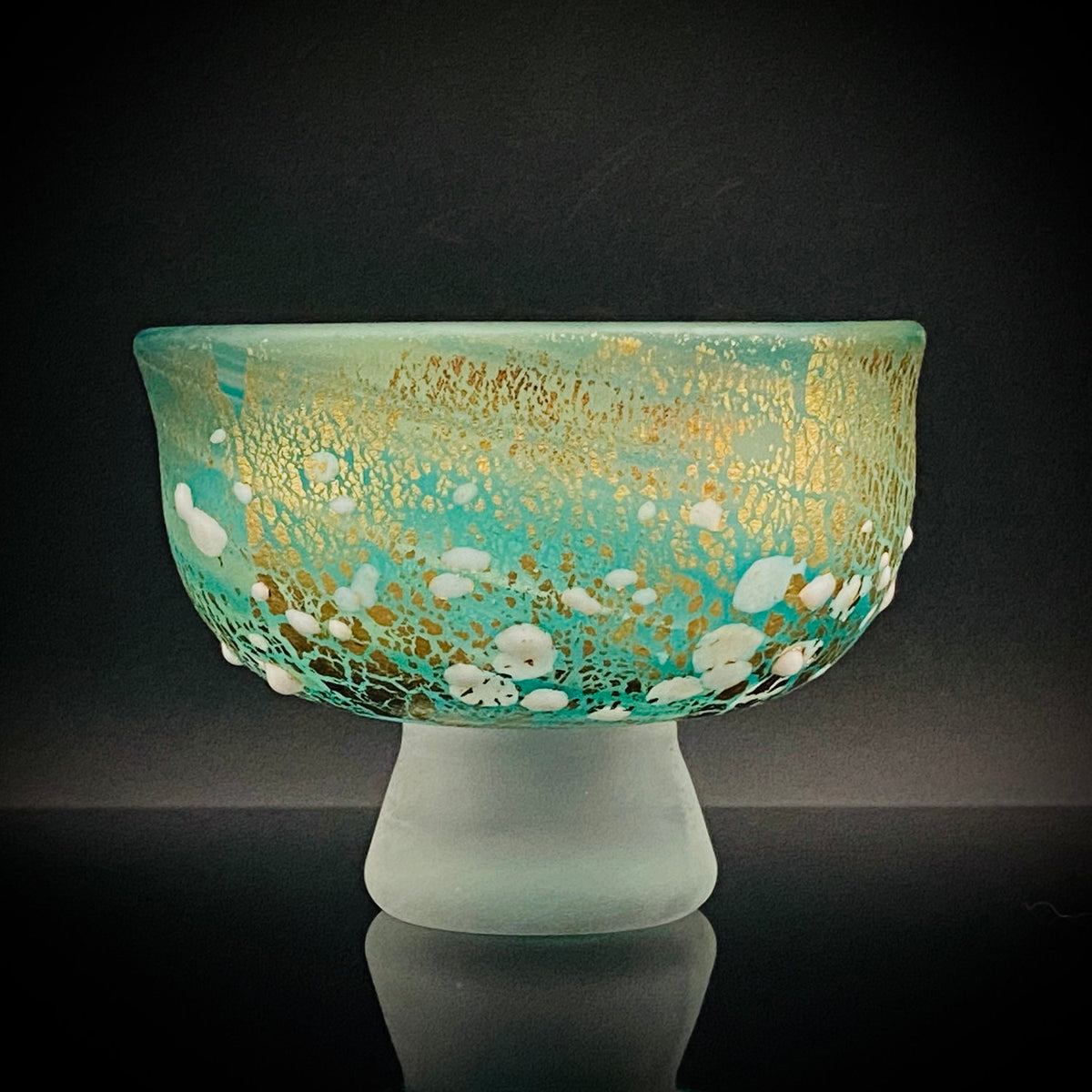 Aomori Prefecture Art and Culture Award Recipient, Tsugaru Vidro, Hokuyo Glass, Kaoru Okawa: Frosted Blue-Green Glass Stem Cup (Bajohai) with Gold-Tone Foil and White Glass Dots #484