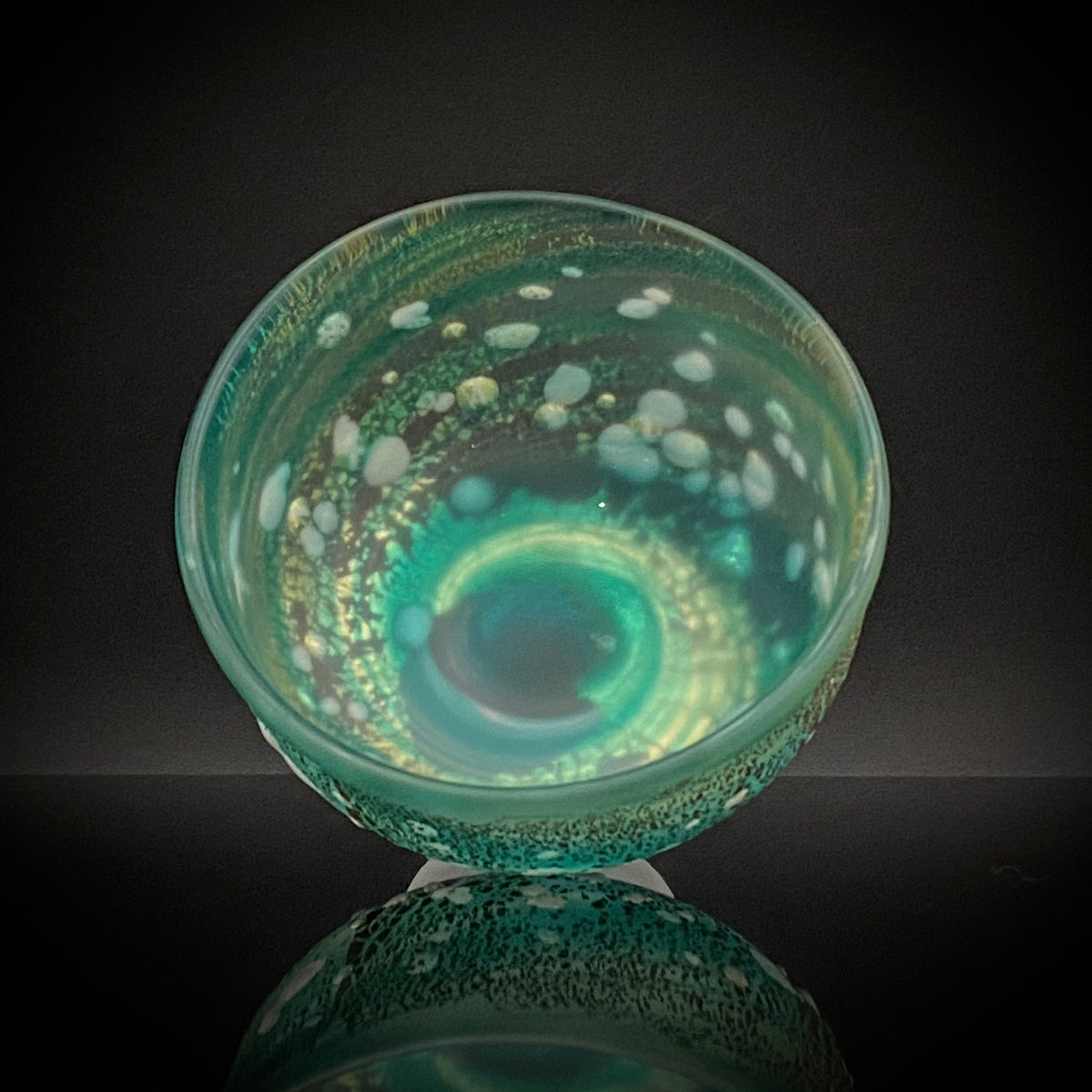 Aomori Prefecture Art and Culture Award Recipient, Tsugaru Vidro, Hokuyo Glass, Kaoru Okawa: Frosted Blue-Green Glass Stem Cup (Bajohai) with Gold-Tone Foil and White Glass Dots #484