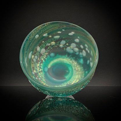 Aomori Prefecture Art and Culture Award Recipient, Tsugaru Vidro, Hokuyo Glass, Kaoru Okawa: Frosted Blue-Green Glass Stem Cup (Bajohai) with Gold-Tone Foil and White Glass Dots #484