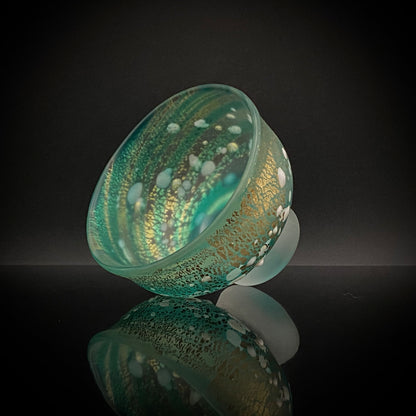 Aomori Prefecture Art and Culture Award Recipient, Tsugaru Vidro, Hokuyo Glass, Kaoru Okawa: Frosted Blue-Green Glass Stem Cup (Bajohai) with Gold-Tone Foil and White Glass Dots #484