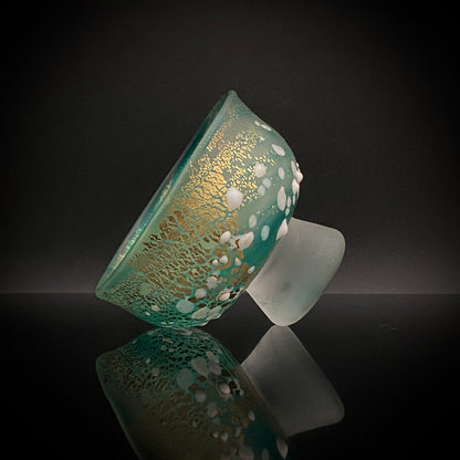 Aomori Prefecture Art and Culture Award Recipient, Tsugaru Vidro, Hokuyo Glass, Kaoru Okawa: Frosted Blue-Green Glass Stem Cup (Bajohai) with Gold-Tone Foil and White Glass Dots #484