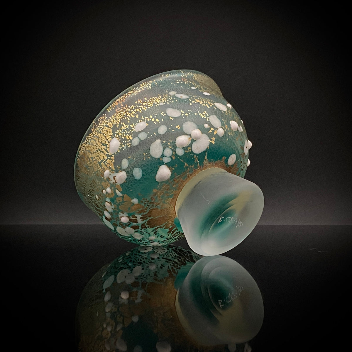 Aomori Prefecture Art and Culture Award Recipient, Tsugaru Vidro, Hokuyo Glass, Kaoru Okawa: Frosted Blue-Green Glass Stem Cup (Bajohai) with Gold-Tone Foil and White Glass Dots #484