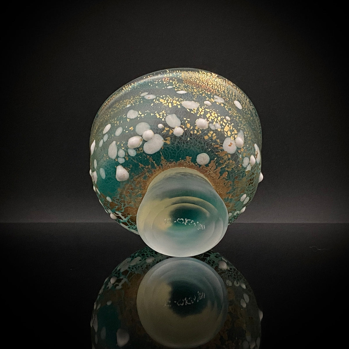 Aomori Prefecture Art and Culture Award Recipient, Tsugaru Vidro, Hokuyo Glass, Kaoru Okawa: Frosted Blue-Green Glass Stem Cup (Bajohai) with Gold-Tone Foil and White Glass Dots #484