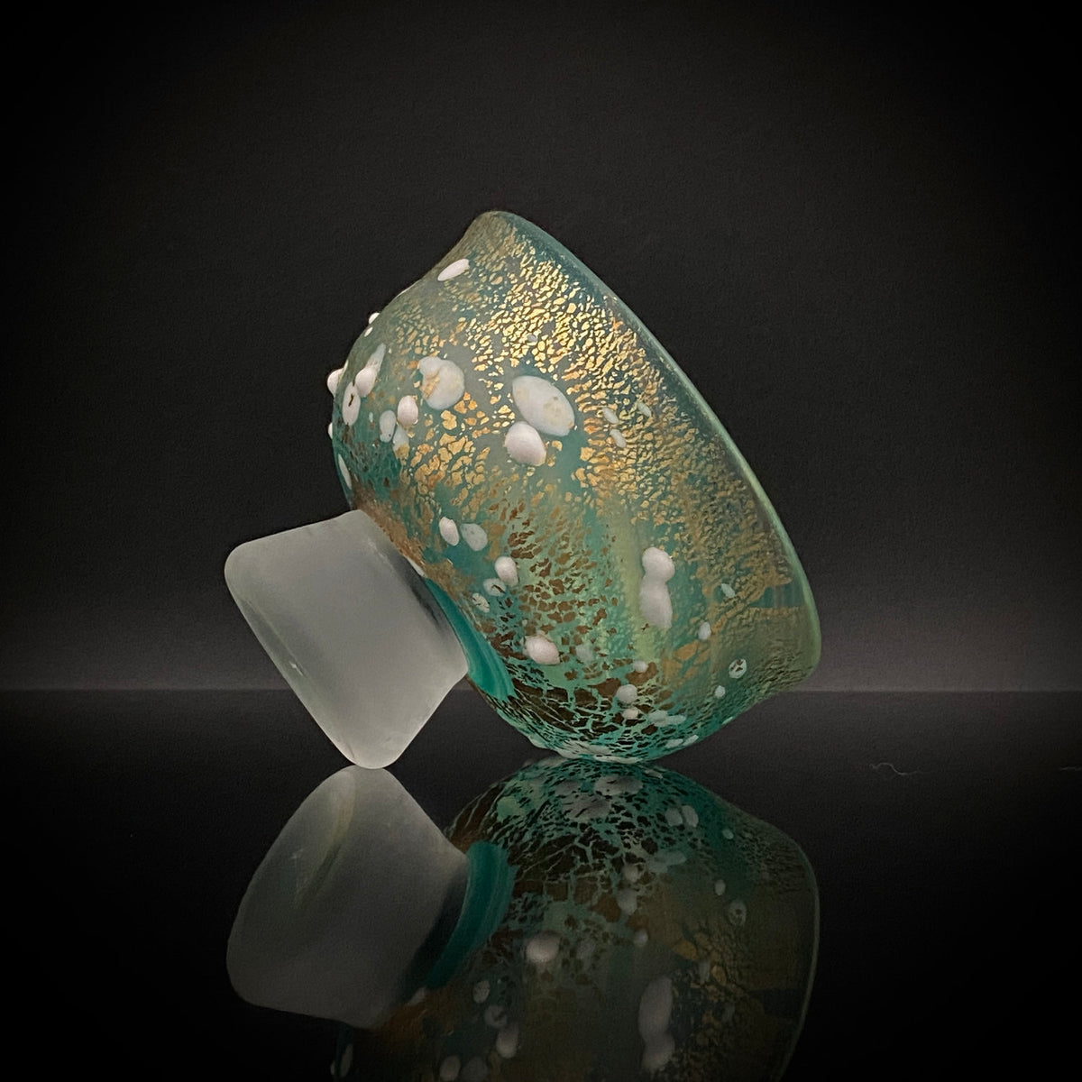 Aomori Prefecture Art and Culture Award Recipient, Tsugaru Vidro, Hokuyo Glass, Kaoru Okawa: Frosted Blue-Green Glass Stem Cup (Bajohai) with Gold-Tone Foil and White Glass Dots #484
