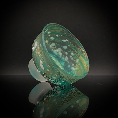 Aomori Prefecture Art and Culture Award Recipient, Tsugaru Vidro, Hokuyo Glass, Kaoru Okawa: Frosted Blue-Green Glass Stem Cup (Bajohai) with Gold-Tone Foil and White Glass Dots #484