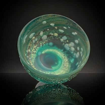 Aomori Prefecture Art and Culture Award Recipient, Tsugaru Vidro, Hokuyo Glass, Kaoru Okawa: Frosted Blue-Green Glass Stem Cup (Bajohai) with Gold-Tone Foil and White Glass Dots #484