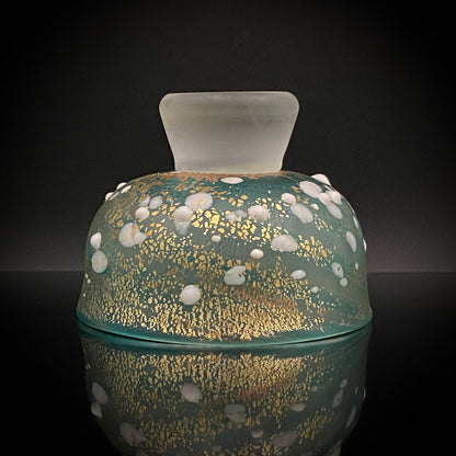 Aomori Prefecture Art and Culture Award Recipient, Tsugaru Vidro, Hokuyo Glass, Kaoru Okawa: Frosted Blue-Green Glass Stem Cup (Bajohai) with Gold-Tone Foil and White Glass Dots #484