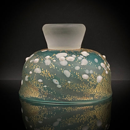 Aomori Prefecture Art and Culture Award Recipient, Tsugaru Vidro, Hokuyo Glass, Kaoru Okawa: Frosted Blue-Green Glass Stem Cup (Bajohai) with Gold-Tone Foil and White Glass Dots #484
