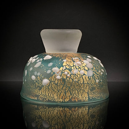 Aomori Prefecture Art and Culture Award Recipient, Tsugaru Vidro, Hokuyo Glass, Kaoru Okawa: Frosted Blue-Green Glass Stem Cup (Bajohai) with Gold-Tone Foil and White Glass Dots #484
