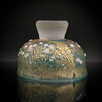 Aomori Prefecture Art and Culture Award Recipient, Tsugaru Vidro, Hokuyo Glass, Kaoru Okawa: Frosted Blue-Green Glass Stem Cup (Bajohai) with Gold-Tone Foil and White Glass Dots #484