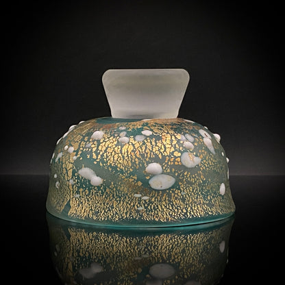 Aomori Prefecture Art and Culture Award Recipient, Tsugaru Vidro, Hokuyo Glass, Kaoru Okawa: Frosted Blue-Green Glass Stem Cup (Bajohai) with Gold-Tone Foil and White Glass Dots #484