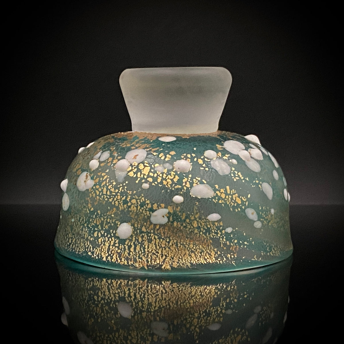 Aomori Prefecture Art and Culture Award Recipient, Tsugaru Vidro, Hokuyo Glass, Kaoru Okawa: Frosted Blue-Green Glass Stem Cup (Bajohai) with Gold-Tone Foil and White Glass Dots #484