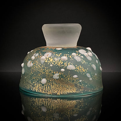 Aomori Prefecture Art and Culture Award Recipient, Tsugaru Vidro, Hokuyo Glass, Kaoru Okawa: Frosted Blue-Green Glass Stem Cup (Bajohai) with Gold-Tone Foil and White Glass Dots #484