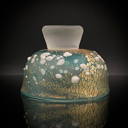 Aomori Prefecture Art and Culture Award Recipient, Tsugaru Vidro, Hokuyo Glass, Kaoru Okawa: Frosted Blue-Green Glass Stem Cup (Bajohai) with Gold-Tone Foil and White Glass Dots #484