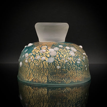 Aomori Prefecture Art and Culture Award Recipient, Tsugaru Vidro, Hokuyo Glass, Kaoru Okawa: Frosted Blue-Green Glass Stem Cup (Bajohai) with Gold-Tone Foil and White Glass Dots #484