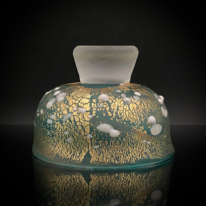 Aomori Prefecture Art and Culture Award Recipient, Tsugaru Vidro, Hokuyo Glass, Kaoru Okawa: Frosted Blue-Green Glass Stem Cup (Bajohai) with Gold-Tone Foil and White Glass Dots #484