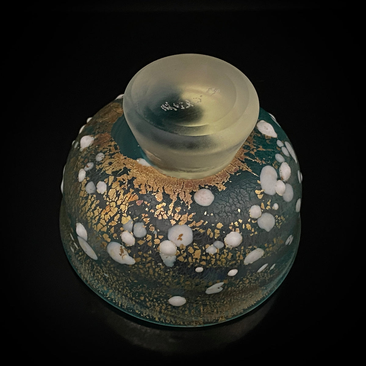 Aomori Prefecture Art and Culture Award Recipient, Tsugaru Vidro, Hokuyo Glass, Kaoru Okawa: Frosted Blue-Green Glass Stem Cup (Bajohai) with Gold-Tone Foil and White Glass Dots #484