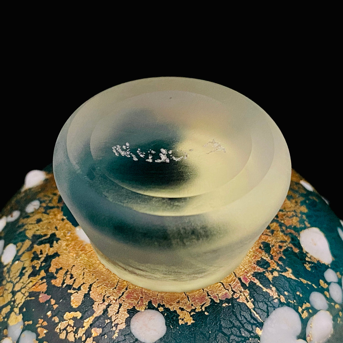 Aomori Prefecture Art and Culture Award Recipient, Tsugaru Vidro, Hokuyo Glass, Kaoru Okawa: Frosted Blue-Green Glass Stem Cup (Bajohai) with Gold-Tone Foil and White Glass Dots #484