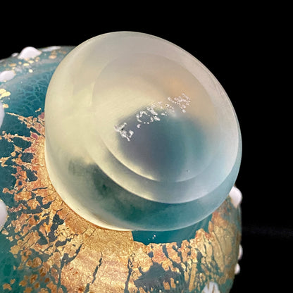 Aomori Prefecture Art and Culture Award Recipient, Tsugaru Vidro, Hokuyo Glass, Kaoru Okawa: Frosted Blue-Green Glass Stem Cup (Bajohai) with Gold-Tone Foil and White Glass Dots #484