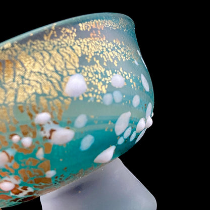 Aomori Prefecture Art and Culture Award Recipient, Tsugaru Vidro, Hokuyo Glass, Kaoru Okawa: Frosted Blue-Green Glass Stem Cup (Bajohai) with Gold-Tone Foil and White Glass Dots #484