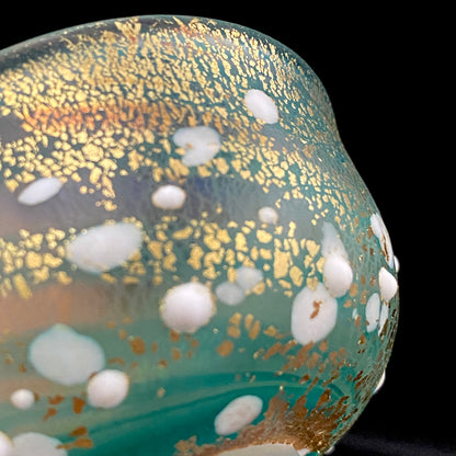 Aomori Prefecture Art and Culture Award Recipient, Tsugaru Vidro, Hokuyo Glass, Kaoru Okawa: Frosted Blue-Green Glass Stem Cup (Bajohai) with Gold-Tone Foil and White Glass Dots #484