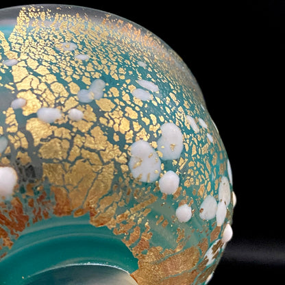 Aomori Prefecture Art and Culture Award Recipient, Tsugaru Vidro, Hokuyo Glass, Kaoru Okawa: Frosted Blue-Green Glass Stem Cup (Bajohai) with Gold-Tone Foil and White Glass Dots #484
