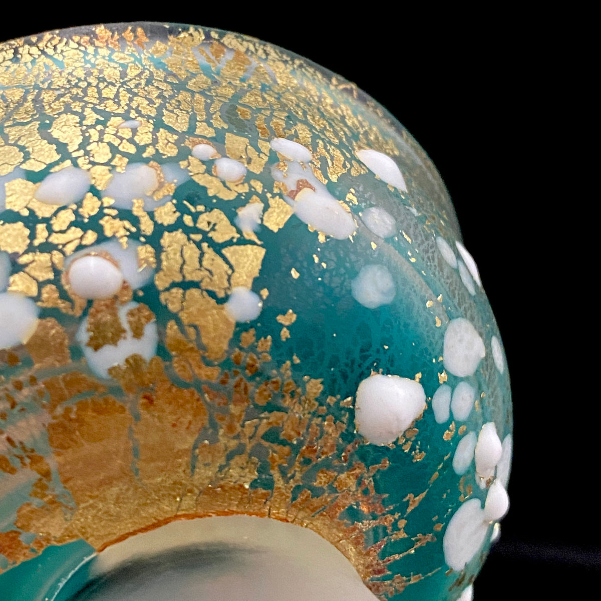 Aomori Prefecture Art and Culture Award Recipient, Tsugaru Vidro, Hokuyo Glass, Kaoru Okawa: Frosted Blue-Green Glass Stem Cup (Bajohai) with Gold-Tone Foil and White Glass Dots #484