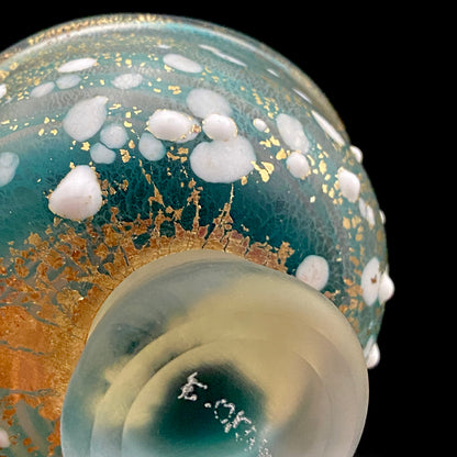 Aomori Prefecture Art and Culture Award Recipient, Tsugaru Vidro, Hokuyo Glass, Kaoru Okawa: Frosted Blue-Green Glass Stem Cup (Bajohai) with Gold-Tone Foil and White Glass Dots #484