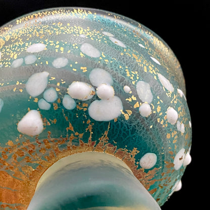 Aomori Prefecture Art and Culture Award Recipient, Tsugaru Vidro, Hokuyo Glass, Kaoru Okawa: Frosted Blue-Green Glass Stem Cup (Bajohai) with Gold-Tone Foil and White Glass Dots #484