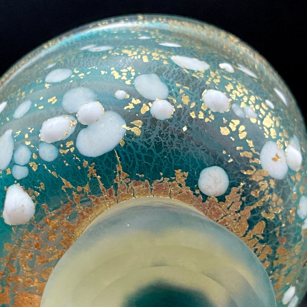 Aomori Prefecture Art and Culture Award Recipient, Tsugaru Vidro, Hokuyo Glass, Kaoru Okawa: Frosted Blue-Green Glass Stem Cup (Bajohai) with Gold-Tone Foil and White Glass Dots #484