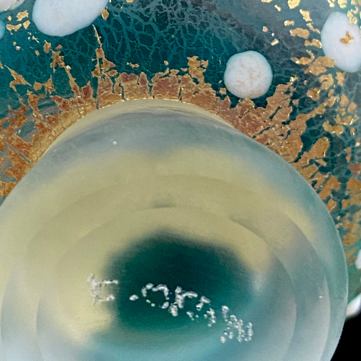 Aomori Prefecture Art and Culture Award Recipient, Tsugaru Vidro, Hokuyo Glass, Kaoru Okawa: Frosted Blue-Green Glass Stem Cup (Bajohai) with Gold-Tone Foil and White Glass Dots #484