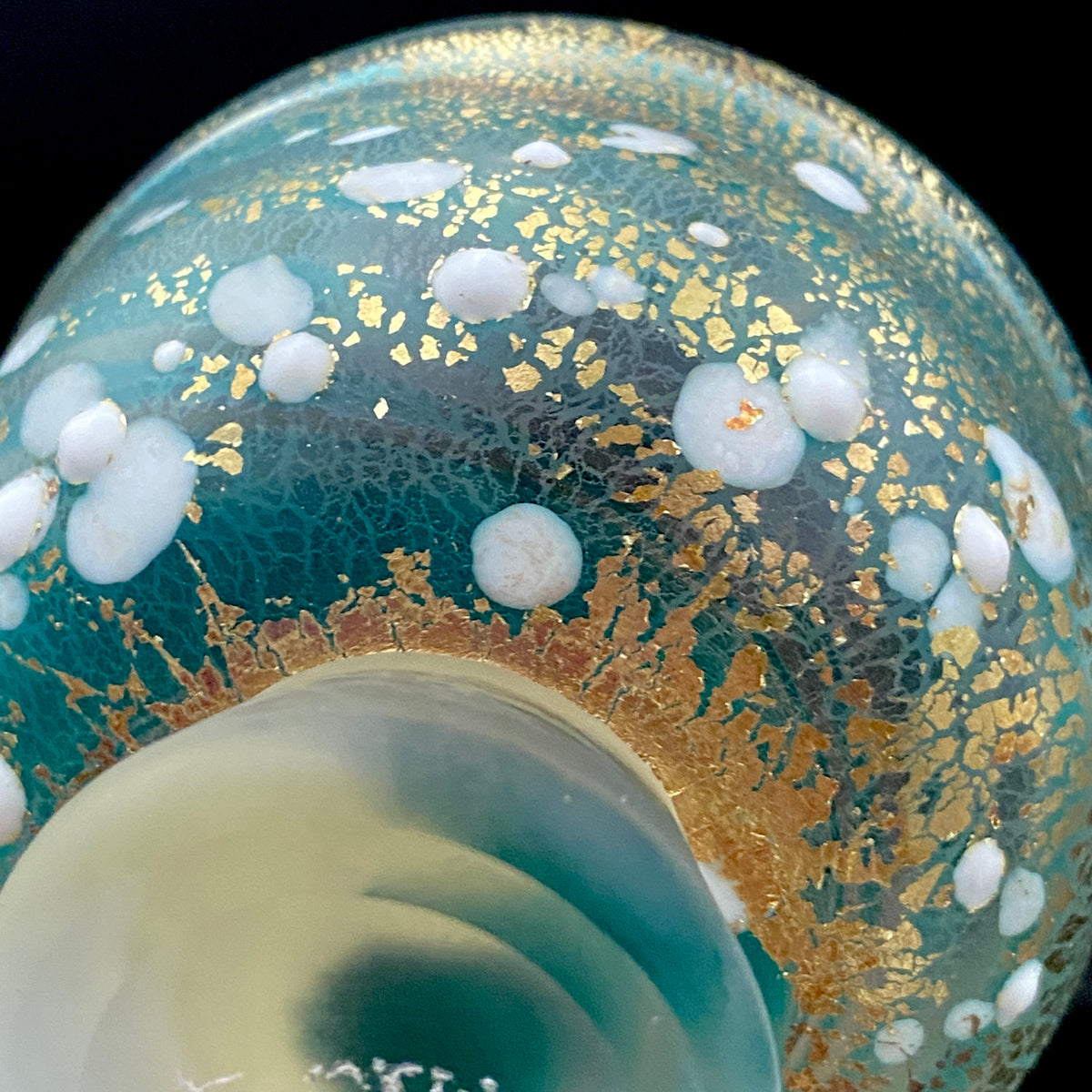 Aomori Prefecture Art and Culture Award Recipient, Tsugaru Vidro, Hokuyo Glass, Kaoru Okawa: Frosted Blue-Green Glass Stem Cup (Bajohai) with Gold-Tone Foil and White Glass Dots #484