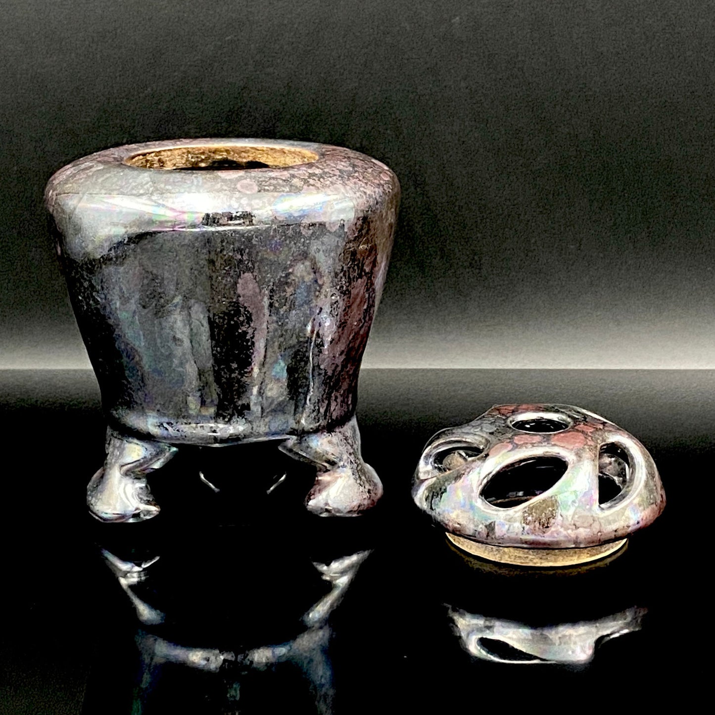 内閣総理大臣賞受賞作家 三代 平安宋丘 (久保 義蔵) 作 曜変天目 三足香炉 曜変天目 博物館収蔵級 【真作保証】#204