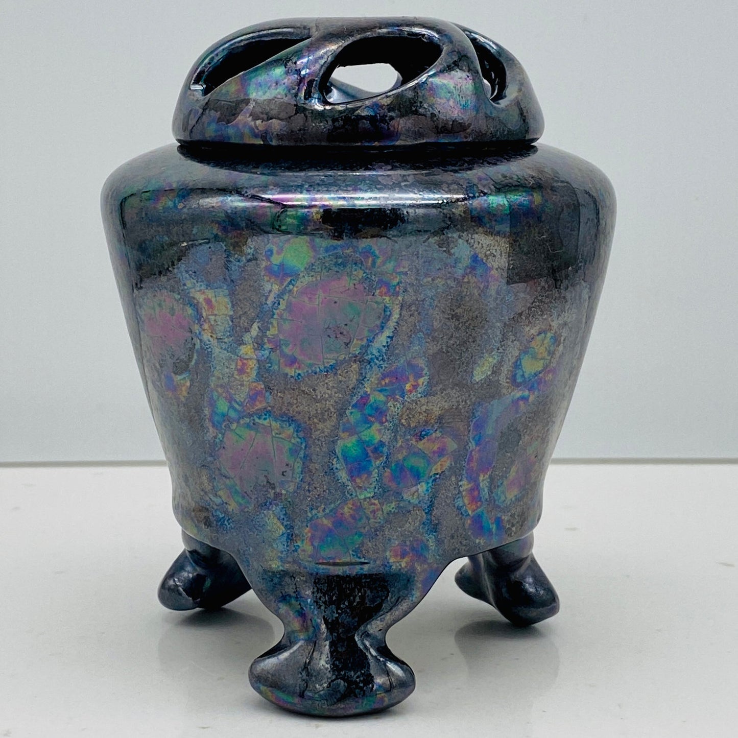 内閣総理大臣賞受賞作家 三代 平安宋丘 (久保 義蔵) 作 曜変天目 三足香炉 曜変天目 博物館収蔵級 【真作保証】#204