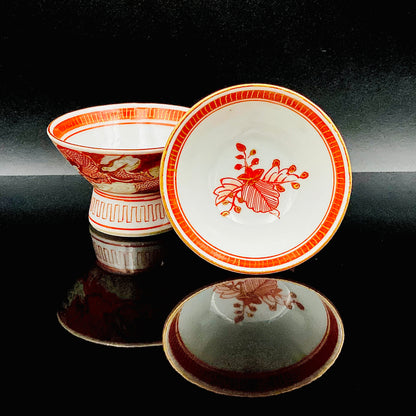 谷 秋渓 作 金彩赤絵細描 雲龍文 酒盃 二客 昭和初期制作 竹内吟秋門下の真髄 下絵なしの極細一筆書き龍模様 ジャパニーズコウゲイの至宝 #203