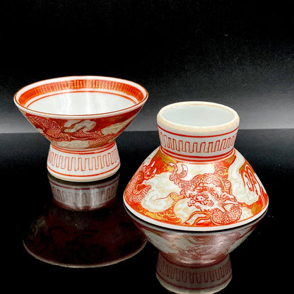 谷 秋渓 作 金彩赤絵細描 雲龍文 酒盃 二客 昭和初期制作 竹内吟秋門下の真髄 下絵なしの極細一筆書き龍模様 ジャパニーズコウゲイの至宝 #203